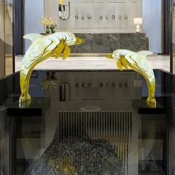 Floor Standing|Abstract^Statues & Sculptures Aqua Dolphin 105cm Gold Metal Garden Sculpture