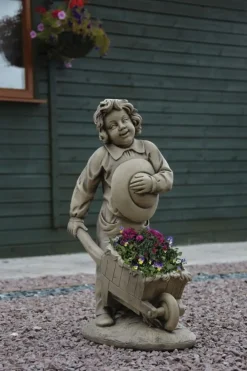 Children^Statues & Sculptures Boy & Barrow Stone Garden Statue