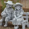 Children^Statues & Sculptures Boy & Girl on Bench Stone Garden Statue