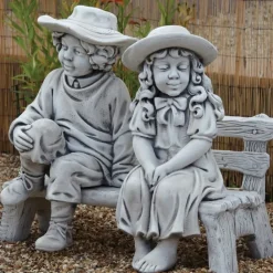 Children^Statues & Sculptures Boy & Girl on Bench Stone Garden Statue