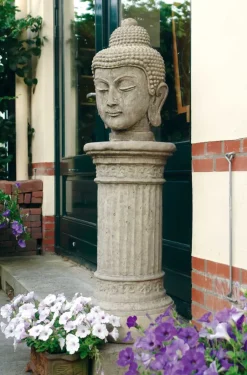 Buddha^Statues & Sculptures Buddha Head Stone Garden Ornament on Pedestal