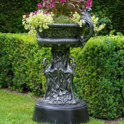 Round^Statues & Sculptures Classic Swan Urn Bronze Metal Garden Planter