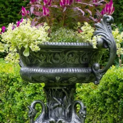 Round^Statues & Sculptures Classic Swan Urn Bronze Metal Garden Planter