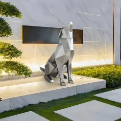 Low Poly|Animals^Statues & Sculptures Dog 100cm Silver Geometric Metal Garden Sculpture