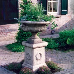Large|Round^Statues & Sculptures Edwardian Stone Garden Planter on Laurel Pedestal