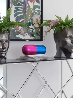 Table Top|Contemporary^Statues & Sculptures Eternal Happiness Pill 13cm Fuchsia Resin Indoor Sculpture
