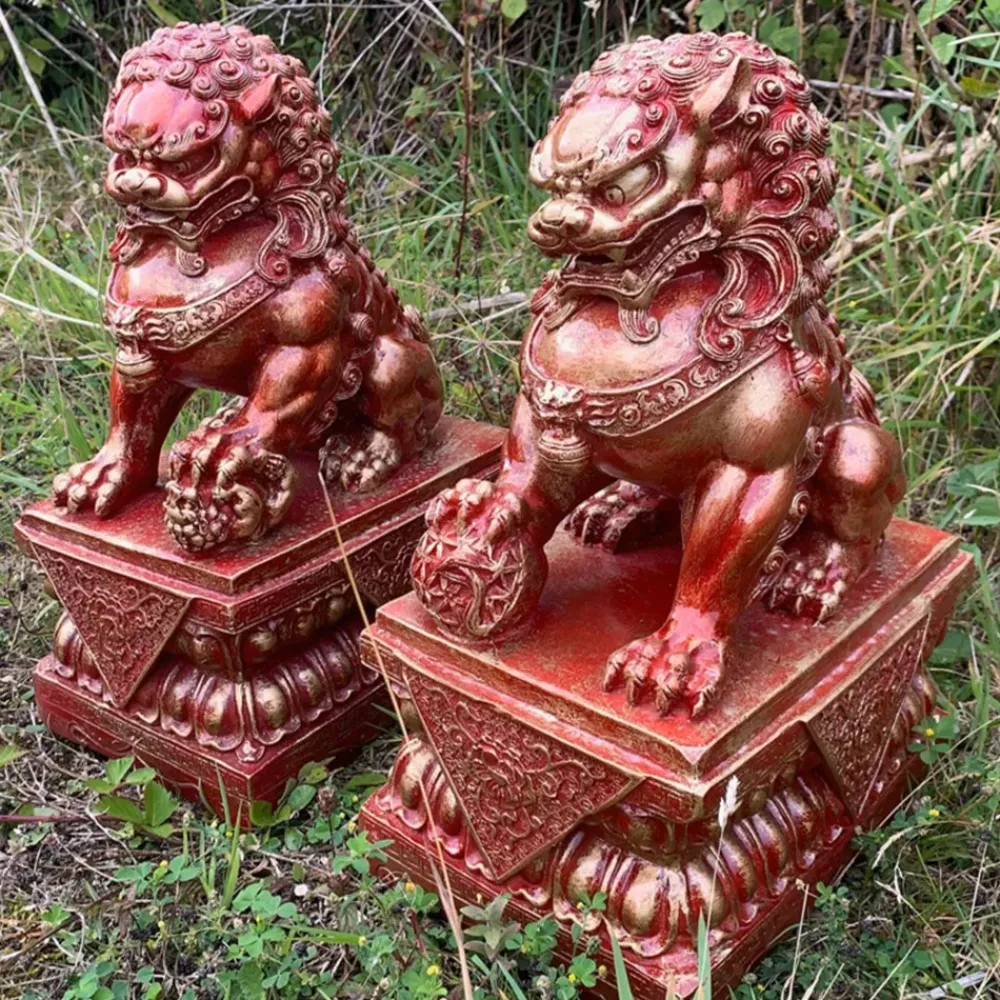 Lions^Statues & Sculptures Foo Dogs 45cm Red Chinese Garden Statues