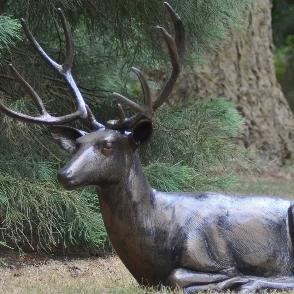 Stags & Deers^Statues & Sculptures Laying Deer Stag Bronze Metal Garden Statue