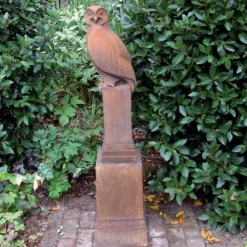 Owls^Statues & Sculptures Owl on Pedestal Modern Stone Garden Statue (Rust)