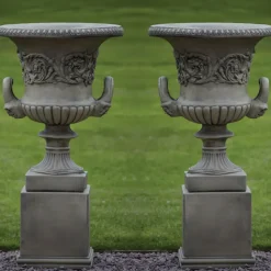Large|Round^Statues & Sculptures Pair of Grecian Stone Garden Planter Urns on Pedestals