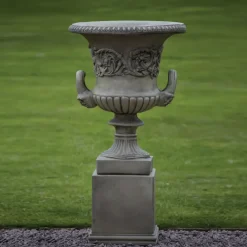 Large|Round^Statues & Sculptures Pair of Grecian Stone Garden Planter Urns on Pedestals