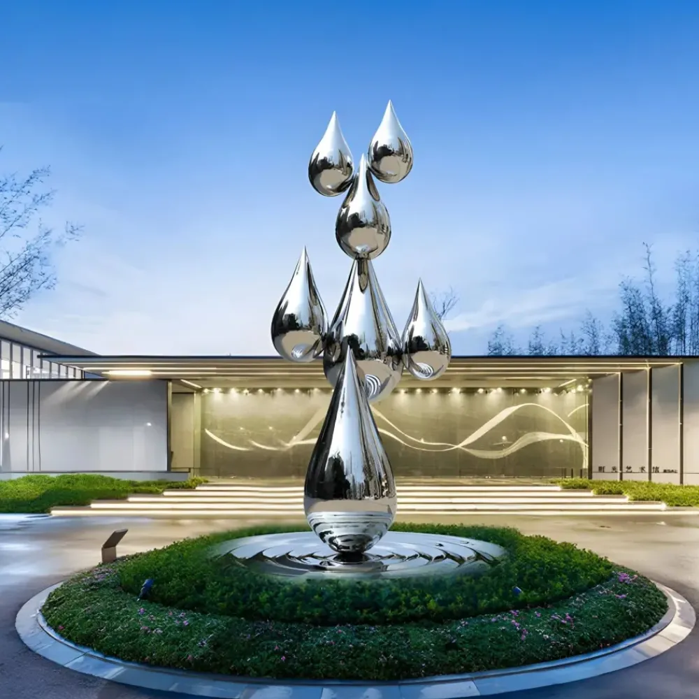 Floor Standing|Abstract^Statues & Sculptures Raindrop Ripples 120cm Silver Metal Garden Sculpture