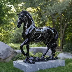 Horses^Statues & Sculptures Regal Stallion 220cm Black Marble Garden Statue