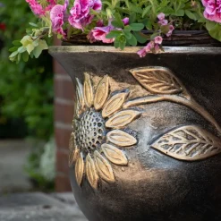 Round^Statues & Sculptures Sunflower Urn Bronze Metal Garden Planter
