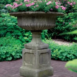 Large|Round^Statues & Sculptures Victorian Grand Stone Garden Planter on Pedestal