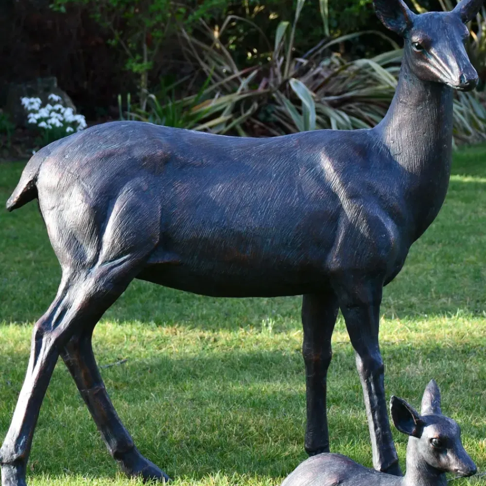 Stags & Deers^Statues & Sculptures Wild Doe & Fawn 103cm Bronze Metal Garden Statues